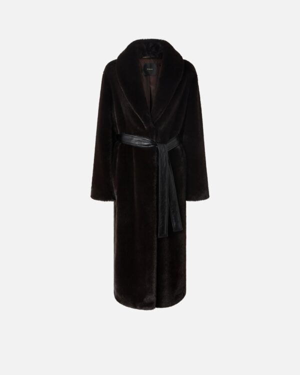 Cappotto lungo effetto pelliccia con cintura marrone