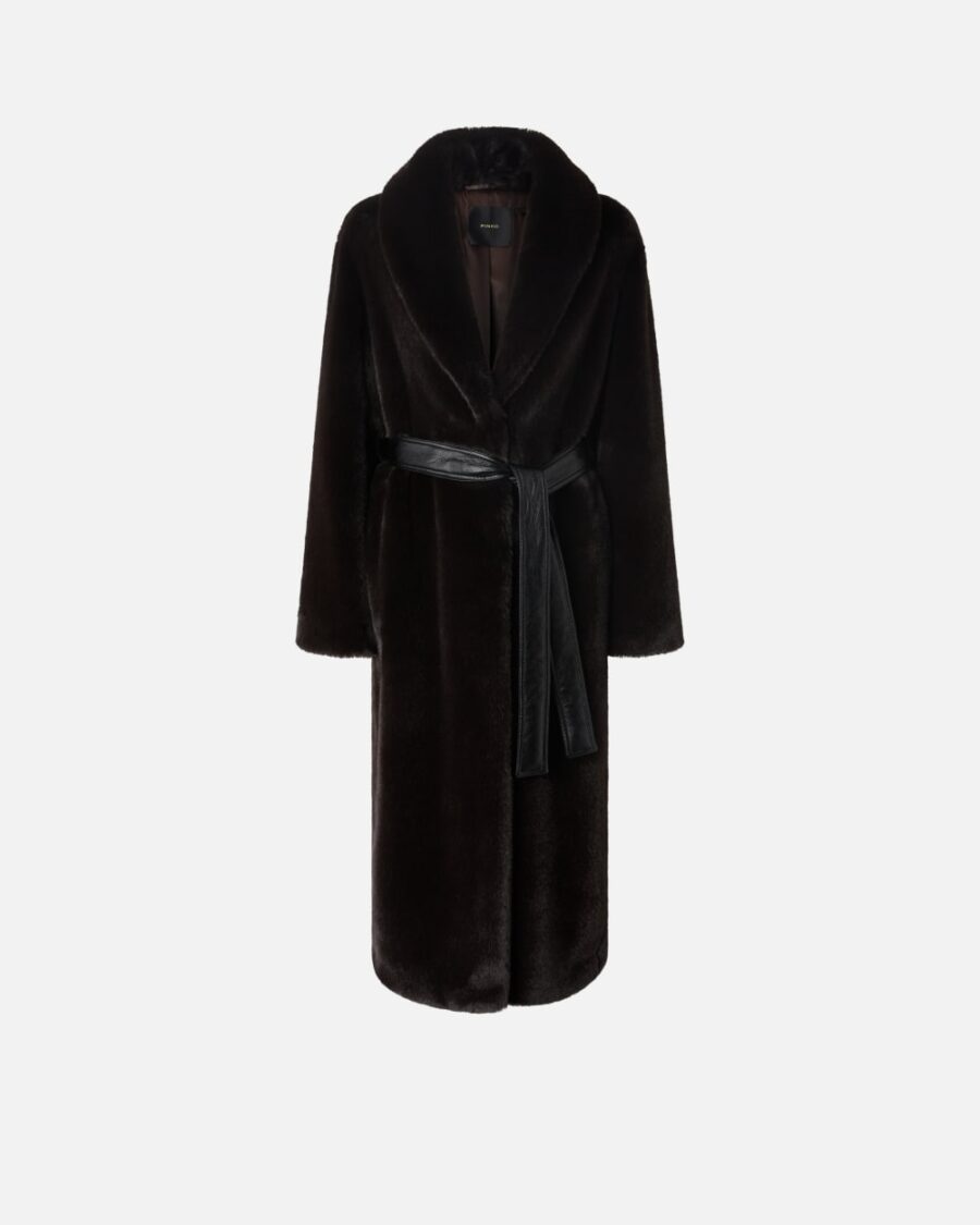 Cappotto lungo effetto pelliccia con cintura marrone