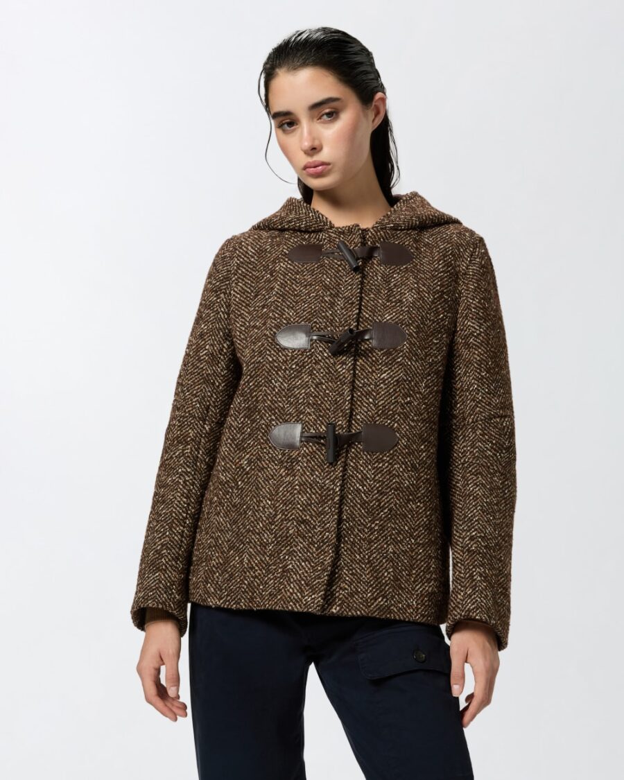 Cappotto montgomery corto con cappuccio cammello e marrone