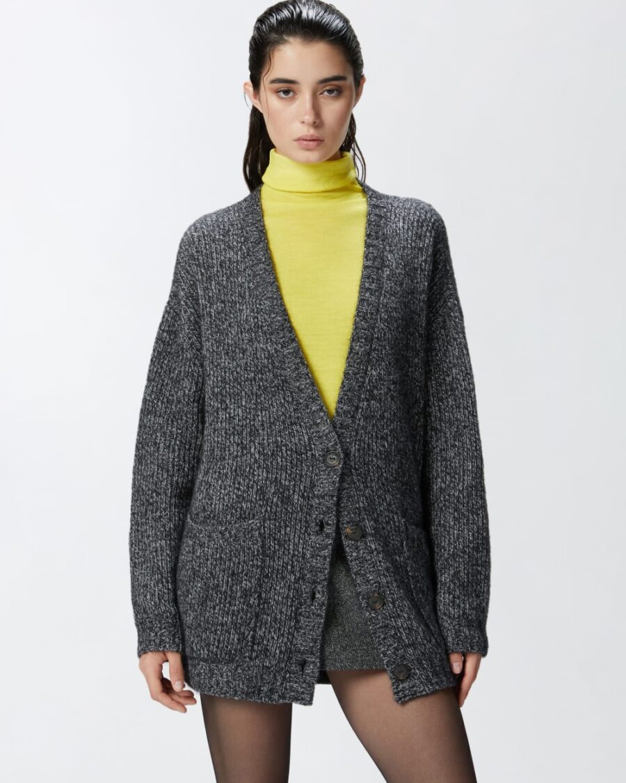 Cardigan a coste con scollo a V misto alpaca grigio e nero e bianco