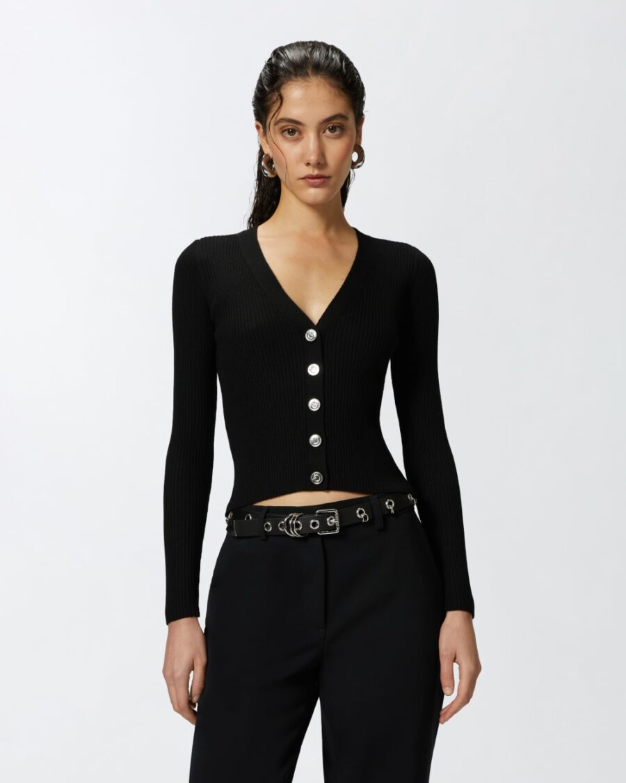 Cardigan aderente a coste con intarsio logo nero limousine