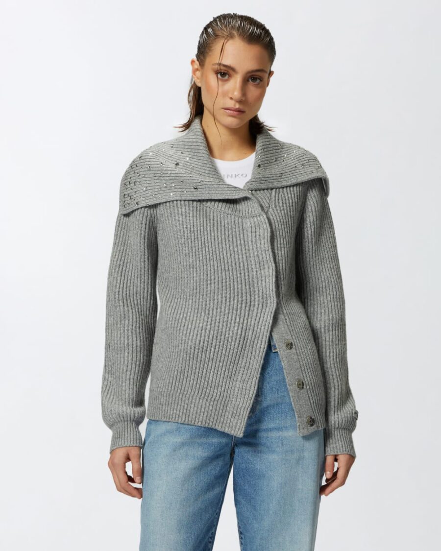 Cardigan collo alto misto cachemire con cristalli argento e metallizzato