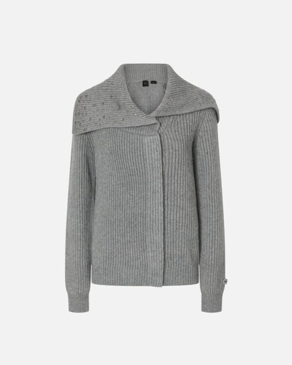 Cardigan collo alto misto cachemire con cristalli argento e metallizzato