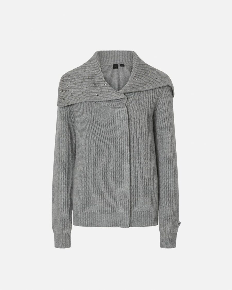 Cardigan collo alto misto cachemire con cristalli argento e metallizzato