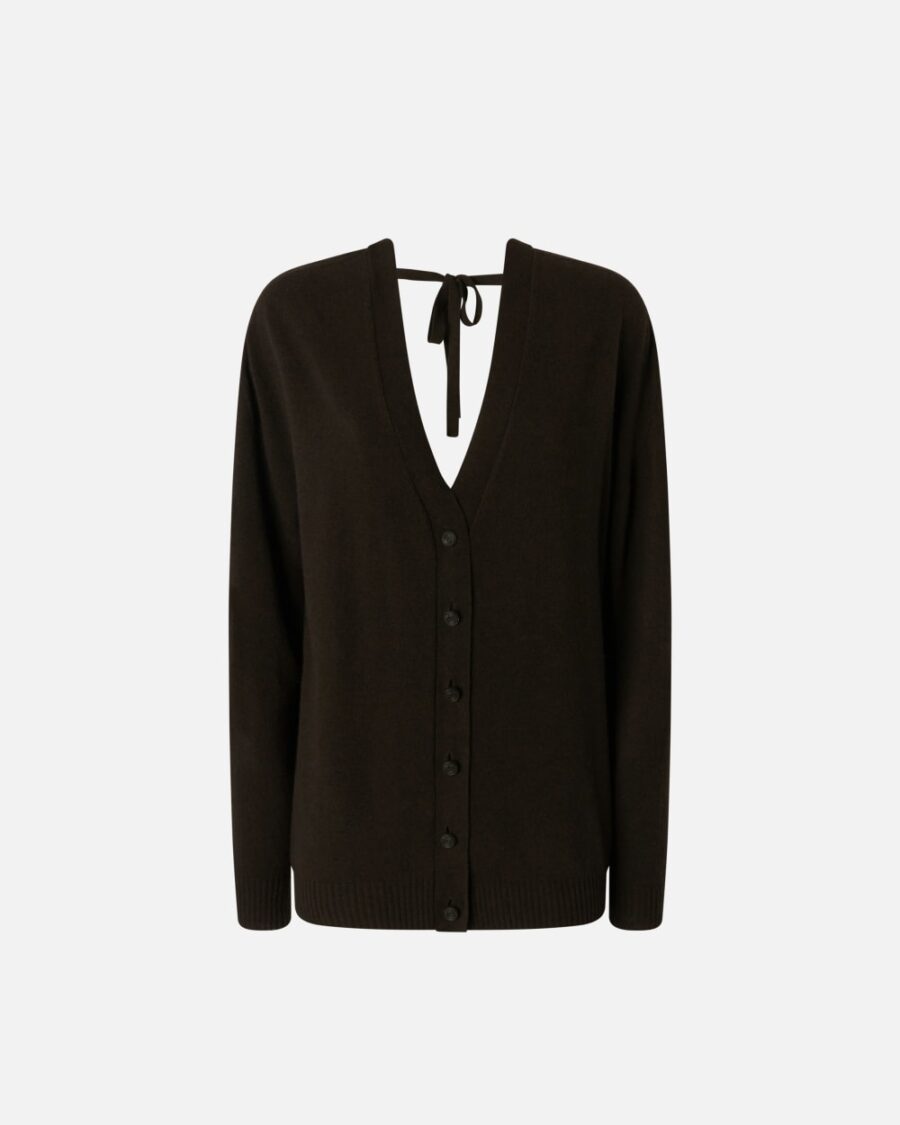 Cardigan con doppia abbottonatura in lana e cachemire marrone oltre buio