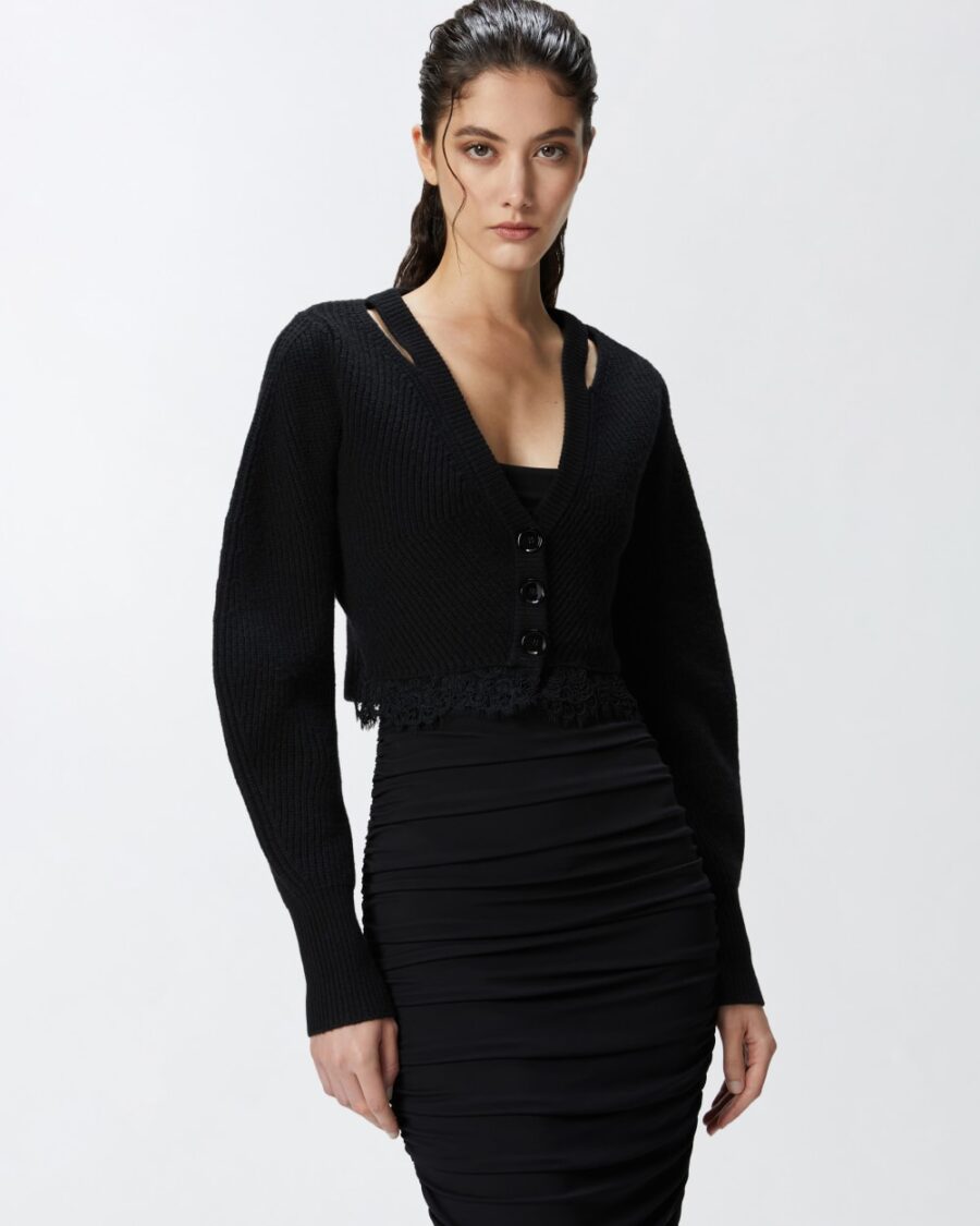 Cardigan corto a coste con fondo in pizzo nero limousine