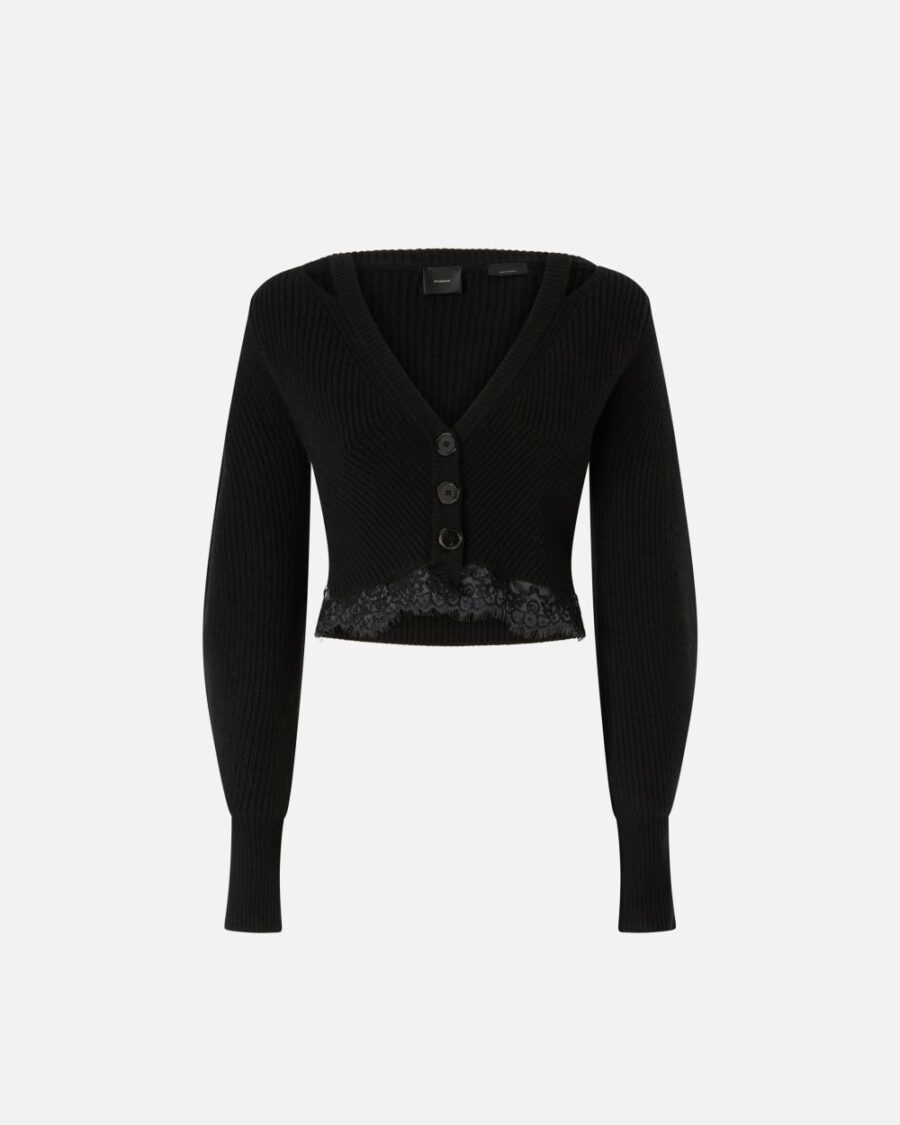 Cardigan corto a coste con fondo in pizzo nero limousine