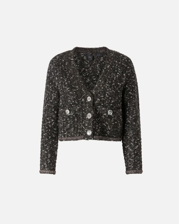 Cardigan corto con paillettes e scollo a V nero e marrone e bianco