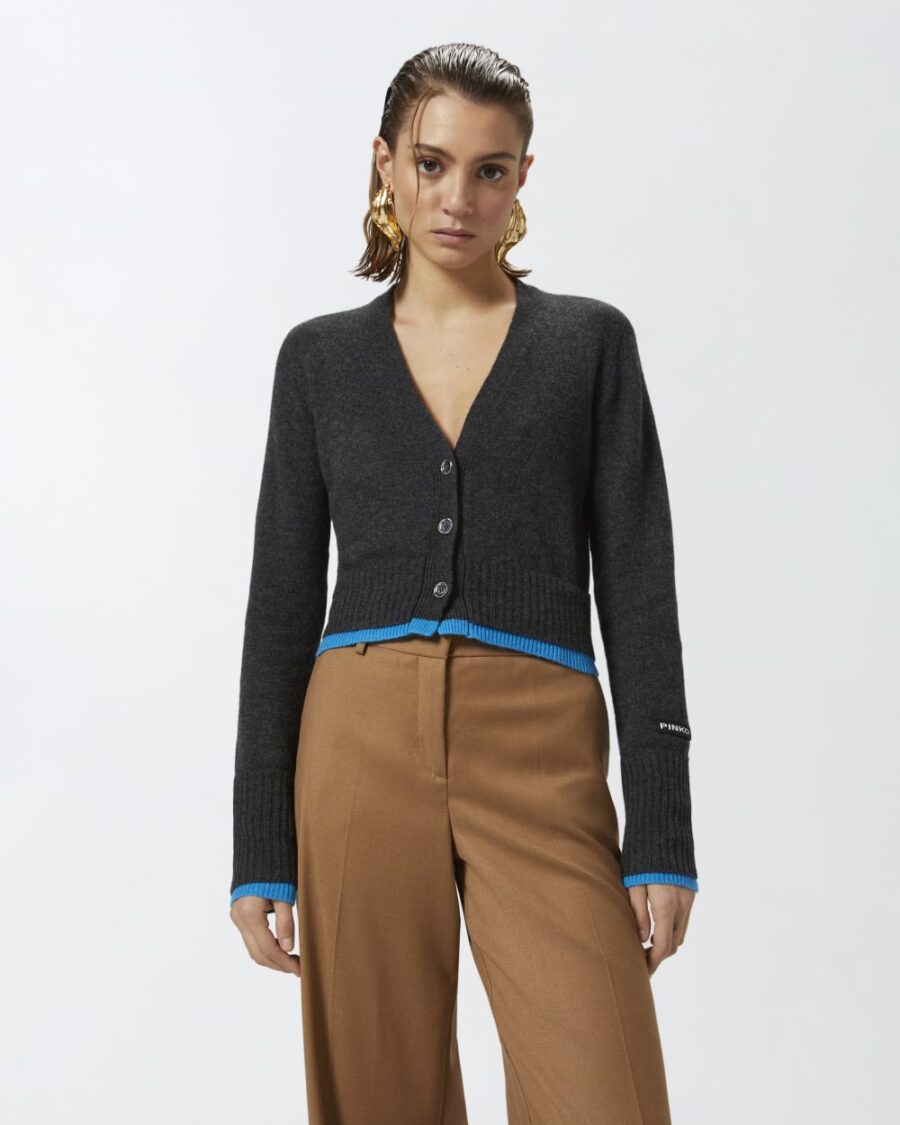 Cardigan corto in lana cachemire con contrasti grigio e turchese