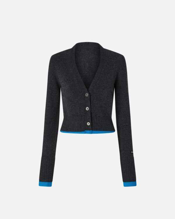 Cardigan corto in lana cachemire con contrasti grigio e turchese