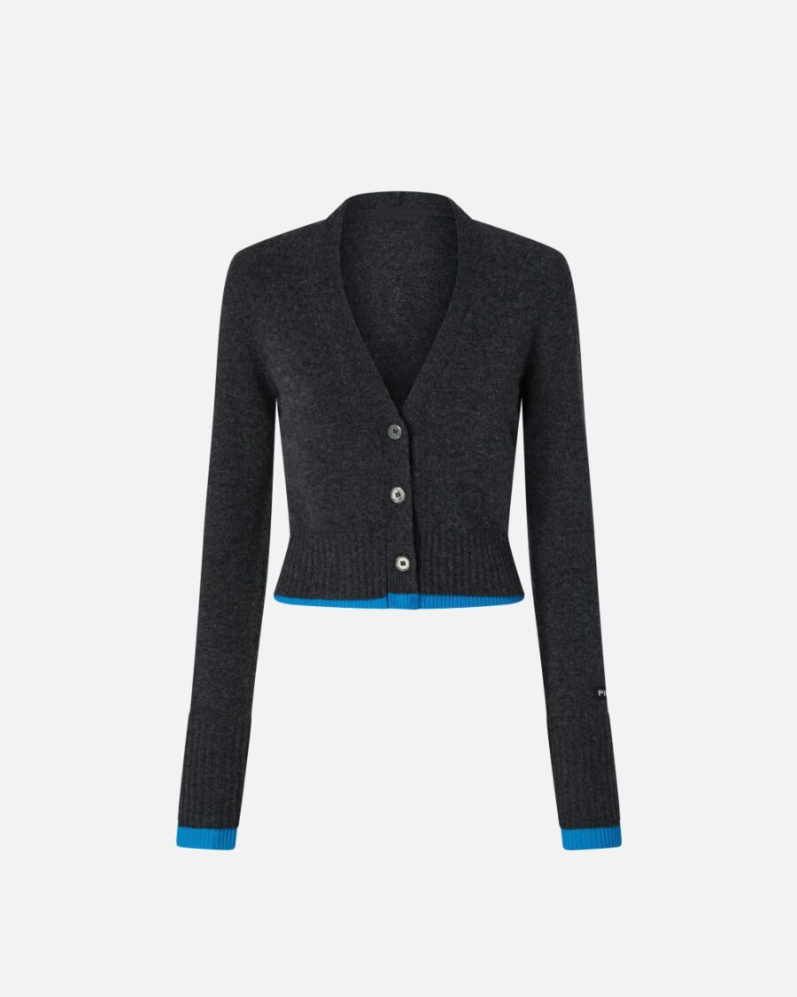 Cashmere wool cropped cardigan with contrasts grigio e turchese