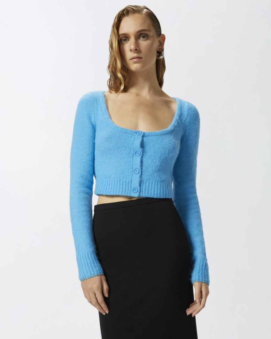 Cardigan corto in maglia soft azzurro e acquario