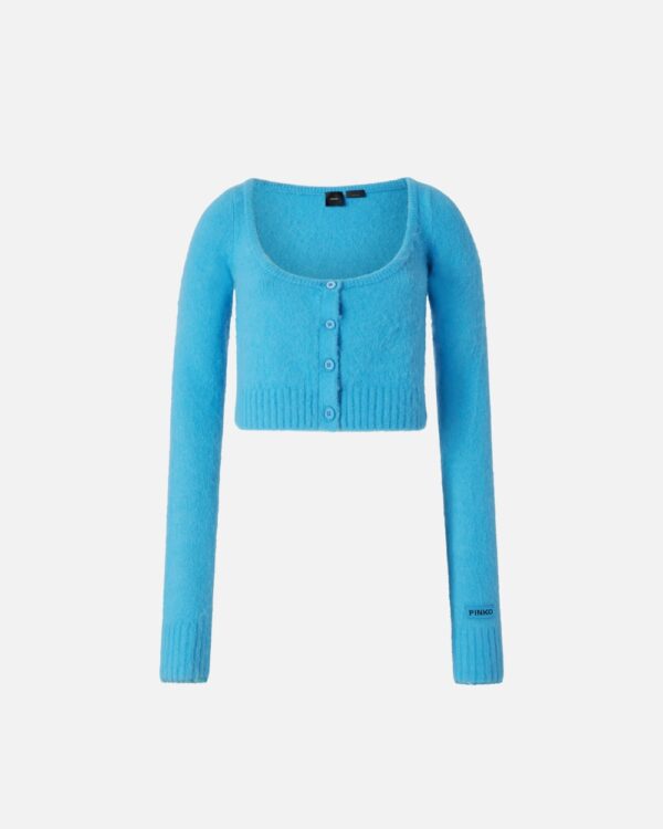 Cardigan corto in maglia soft azzurro e acquario