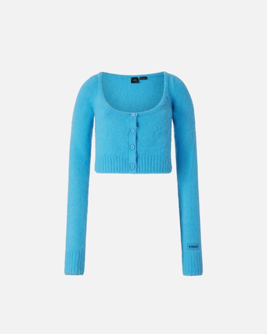 Cardigan corto in maglia soft azzurro e acquario
