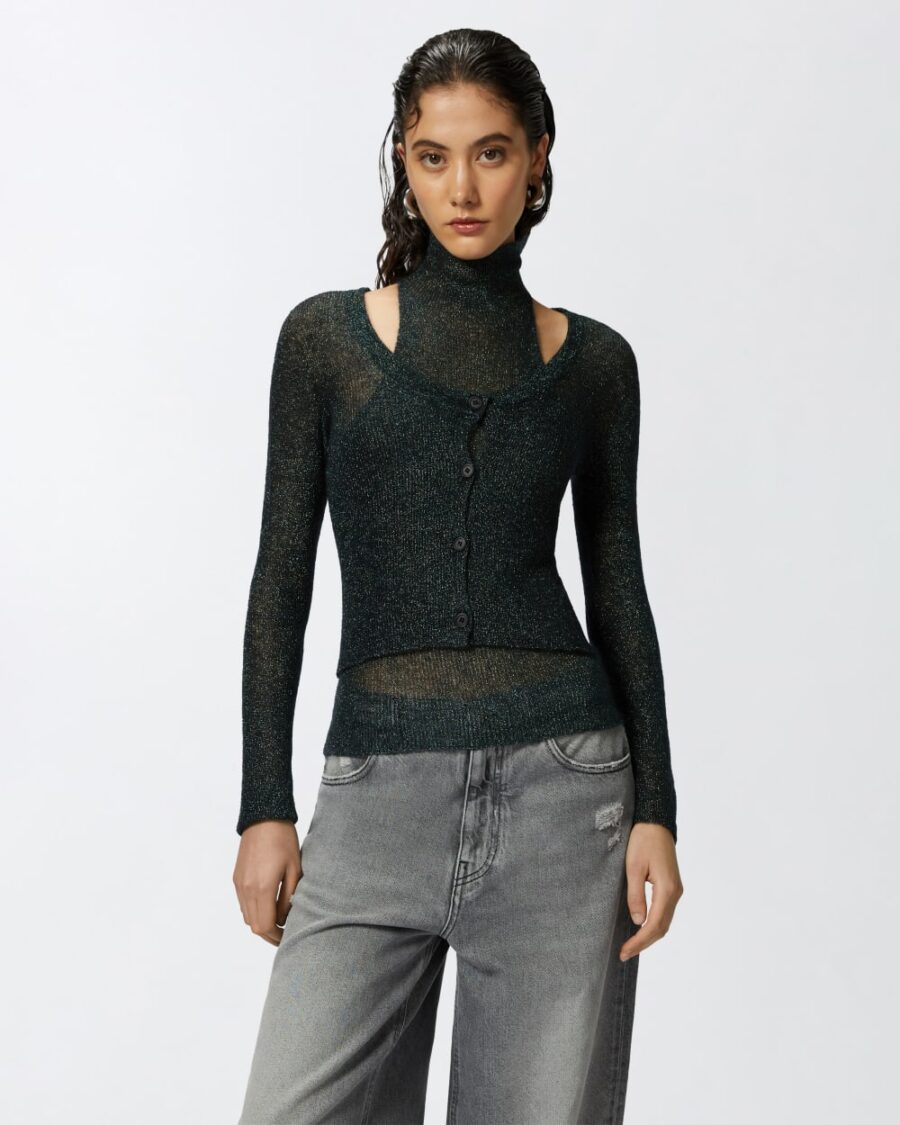 Cardigan corto in mohair nero e lurex e verde
