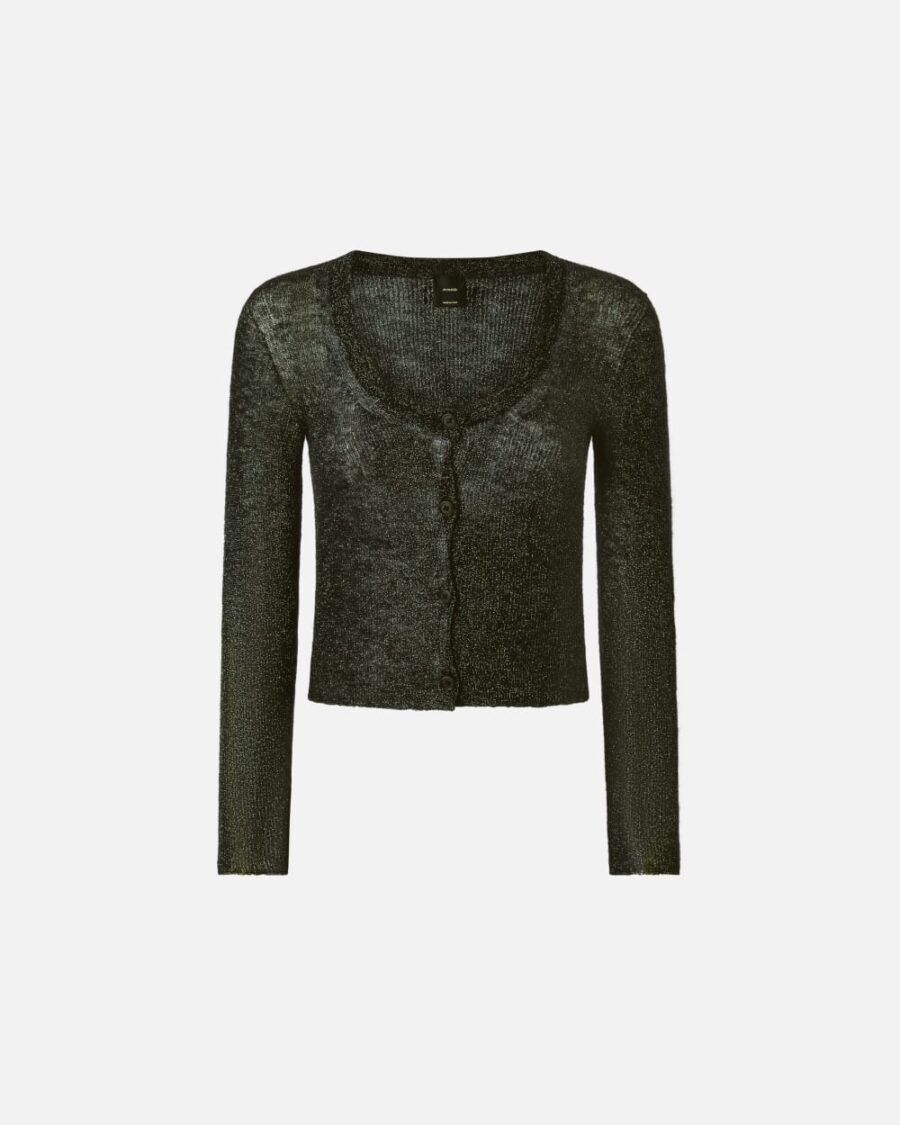 Cardigan corto in mohair nero e lurex e verde