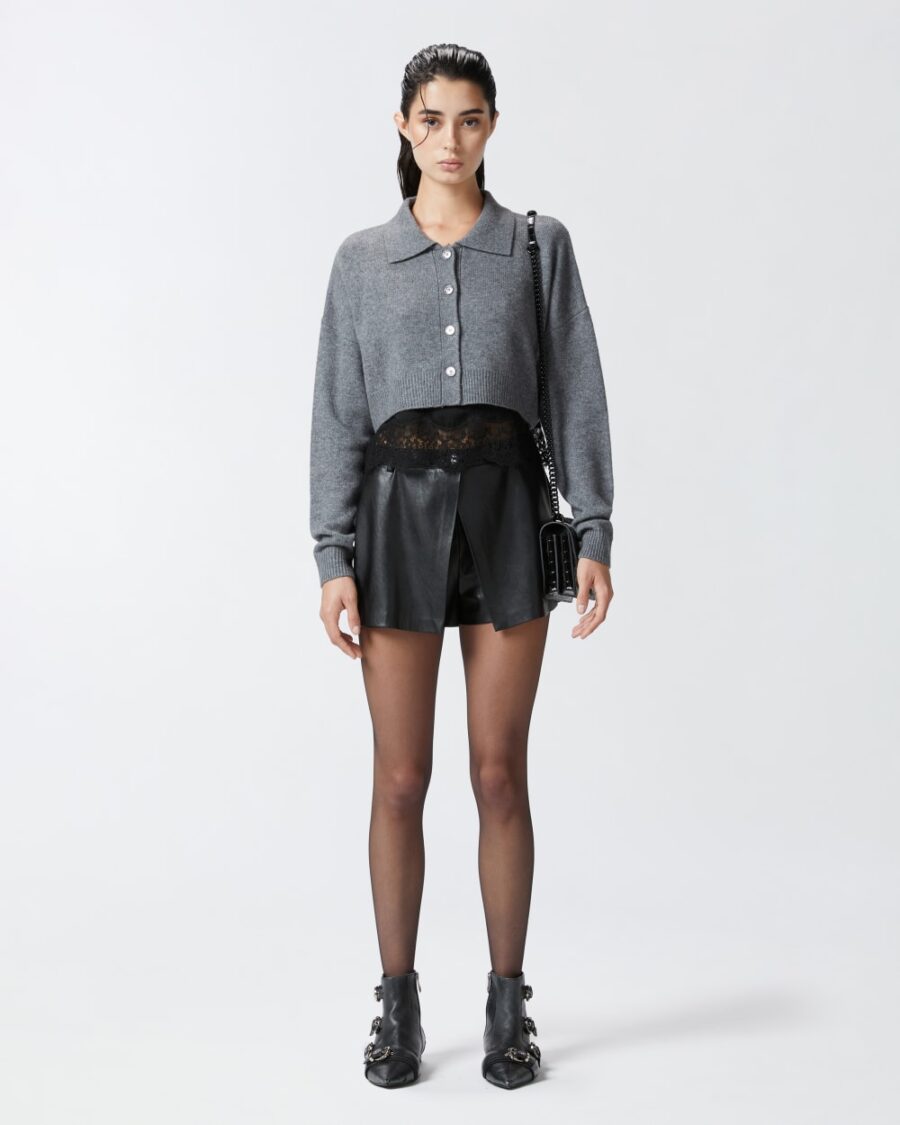 Cardigan misto cachemire con top in satin e pizzo grigio e nero