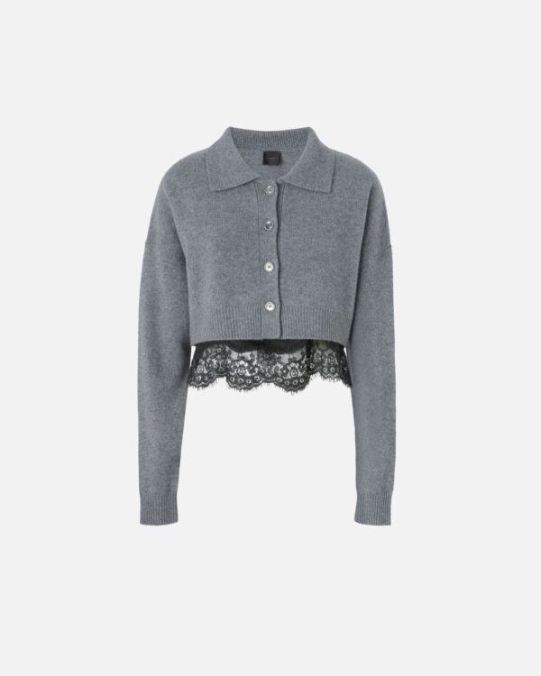 Cardigan misto cachemire con top in satin e pizzo grigio e nero