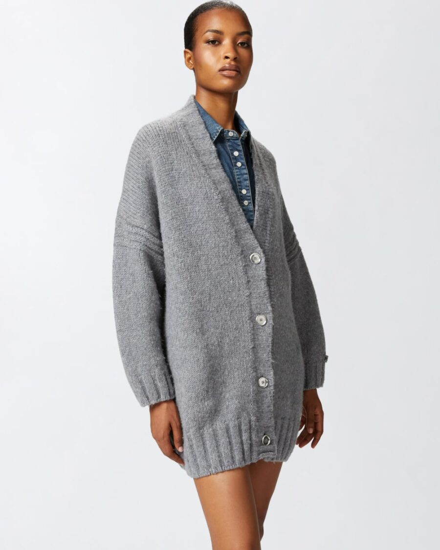 Cardigan oversize scollo a V e bottoni  argento e metallizzato