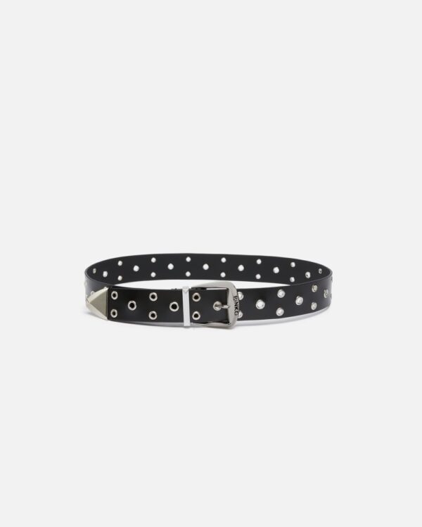 Cintura in pelle con occhielli 4cm nero limousine e shiny nickel