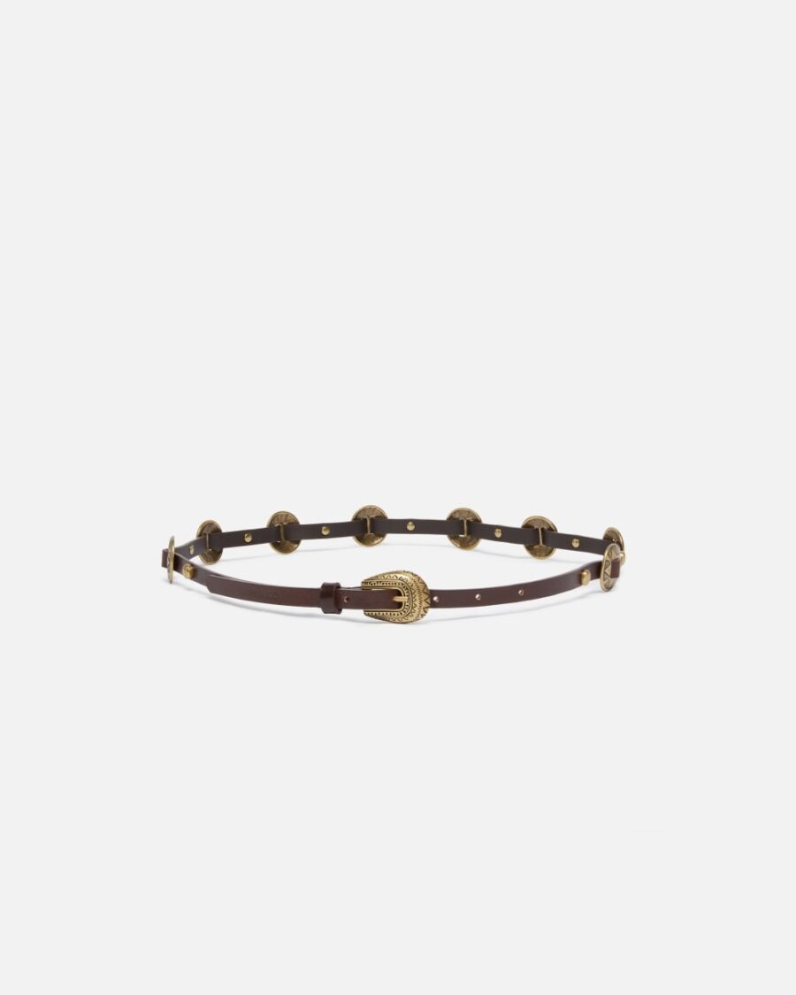 Cintura sottile con placche incise in metallo 1cm t.moro e ottone
