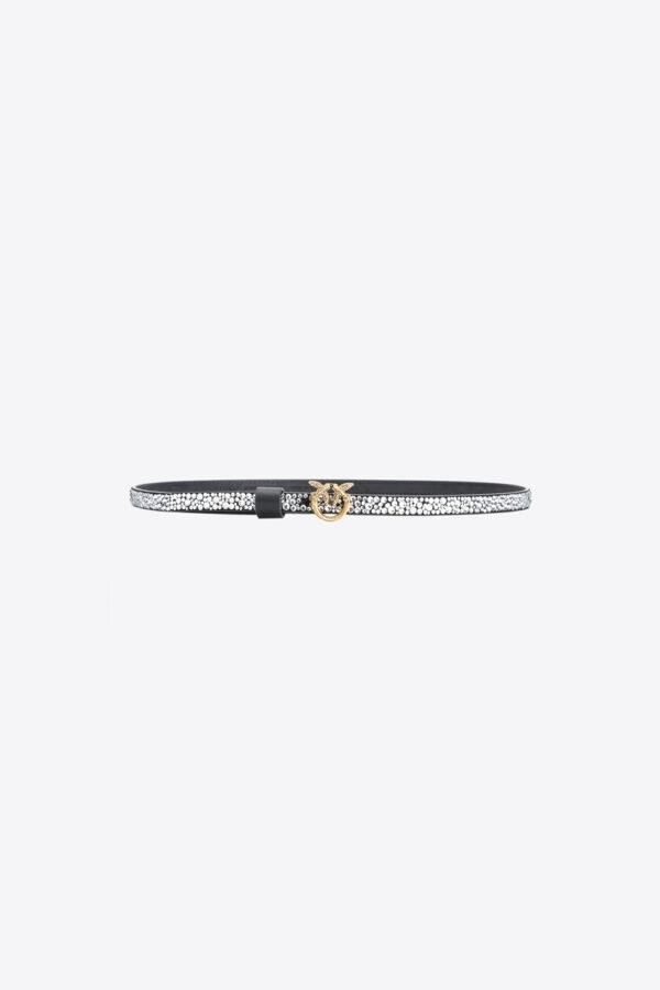 Cintura sottile fibbia Love Birds con strass 1cm nero e antique gold