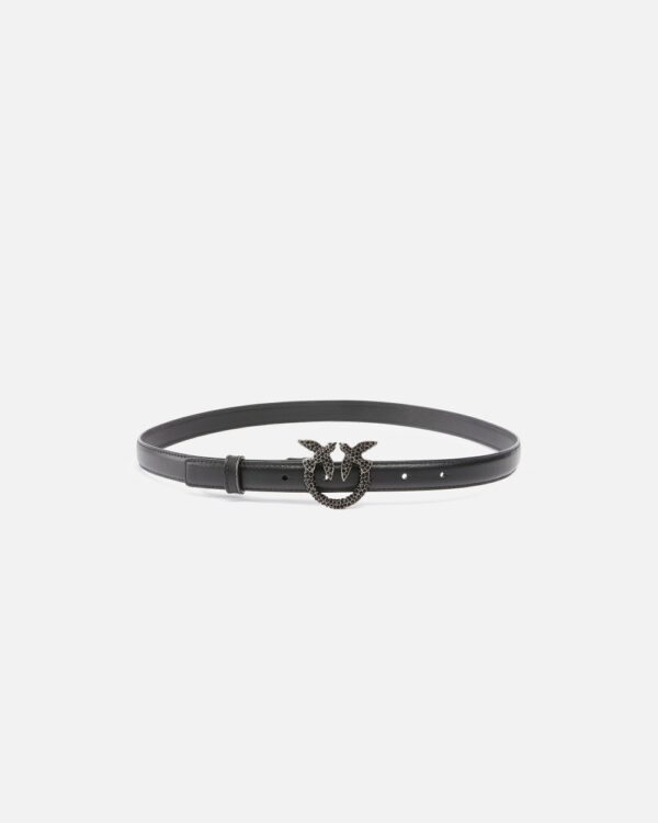 Cintura sottile in pelle con fibbia gioiello 2cm nero e old silver