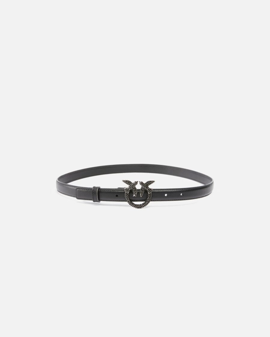 Thin leather 2 cm belt with jewel buckle nero e old silver