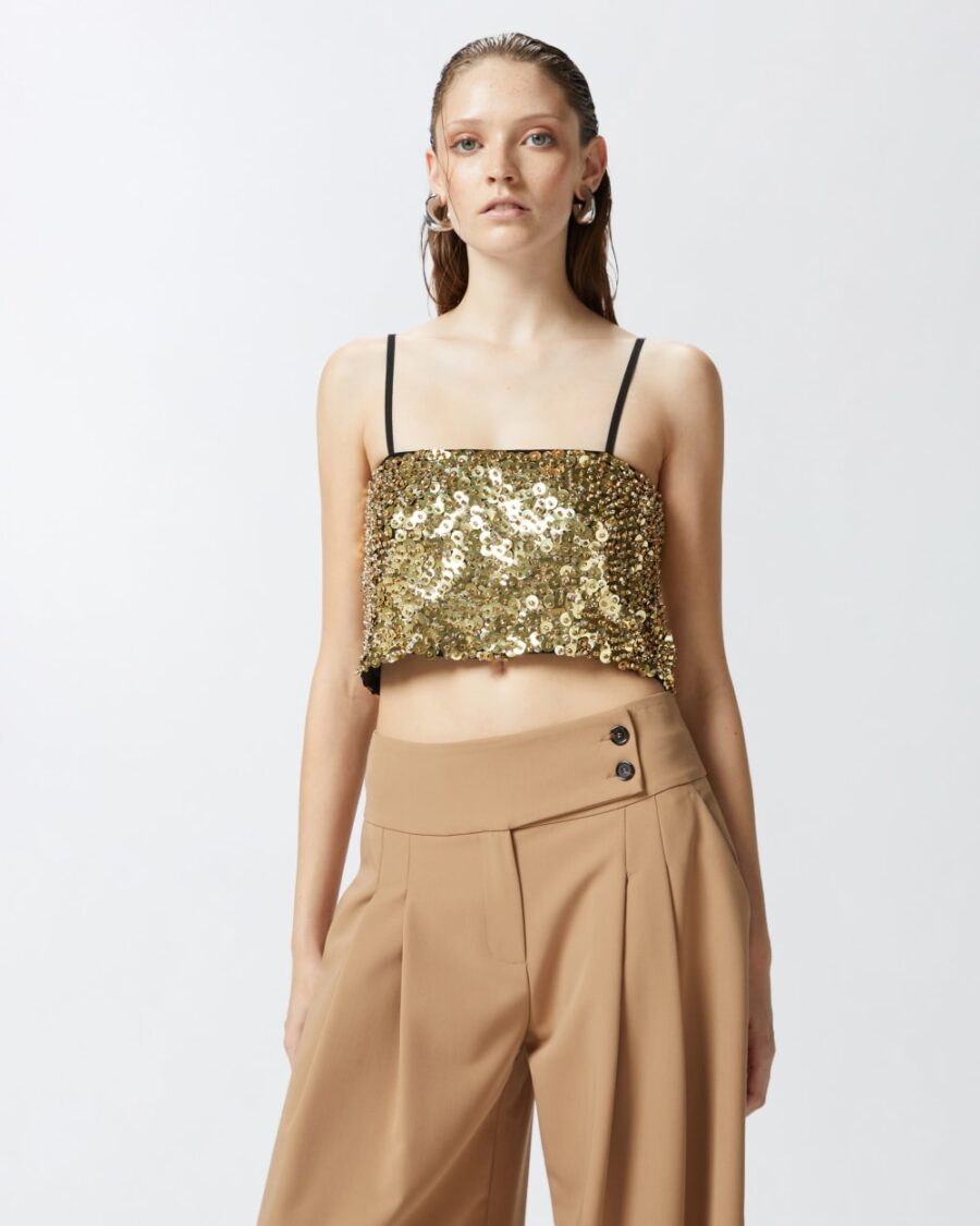 Crop top a canotta con paillettes dorate oro e crystal