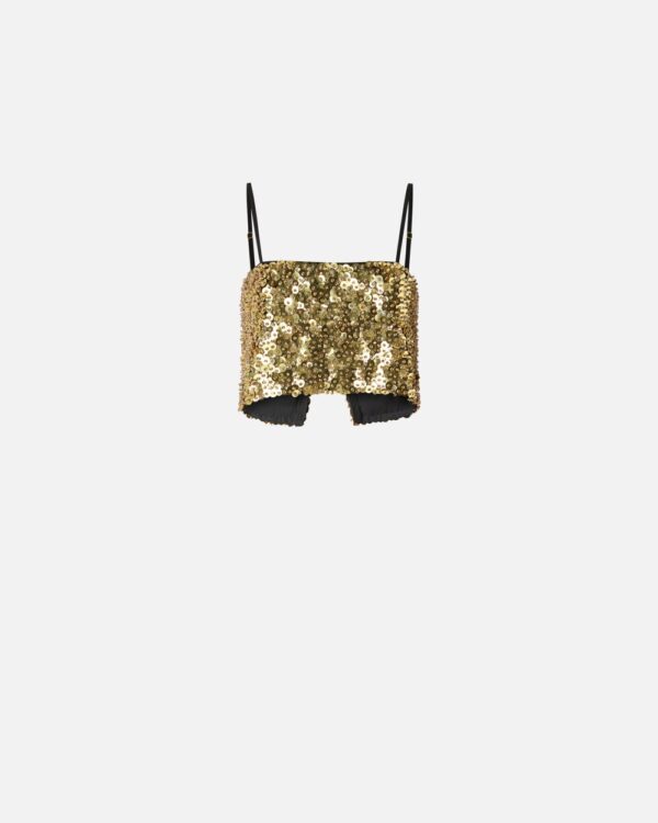 Crop top a canotta con paillettes dorate oro e crystal