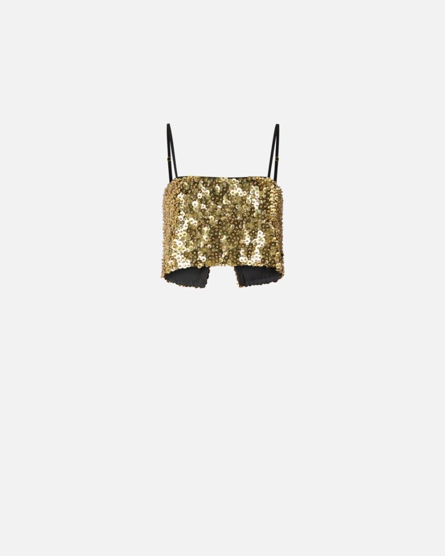Crop top a canotta con paillettes dorate oro e crystal