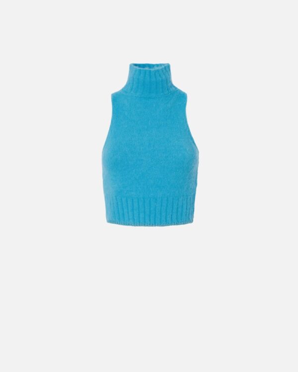 Crop top smanicato in maglia soft azzurro e acquario