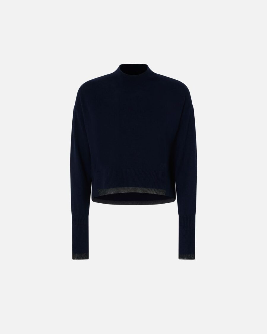 Dolcevita misto cachemire con polsini metallizzati blu marino cupo