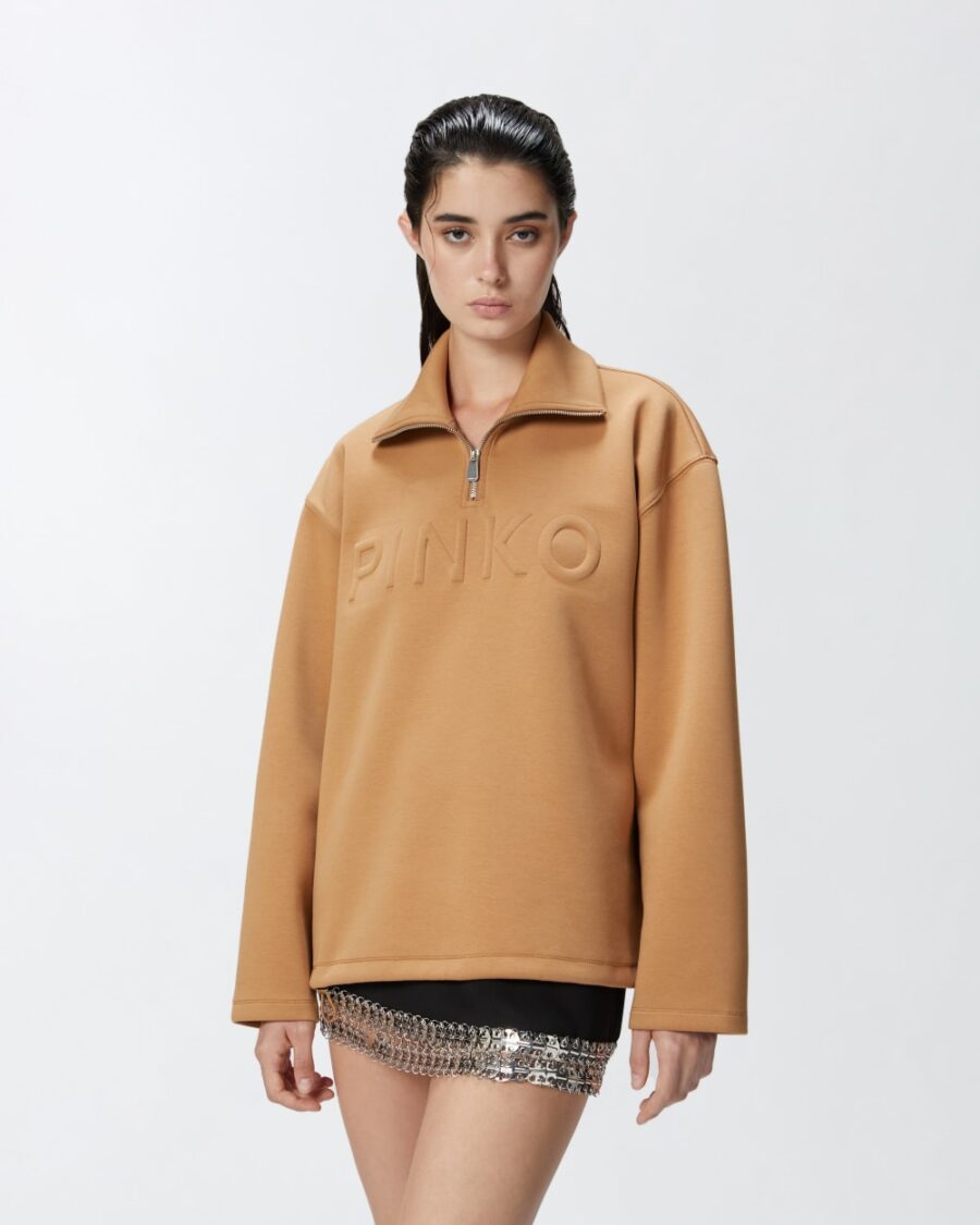 Felpa collo alto con zip e ricamo logo bronzo  e  caldo