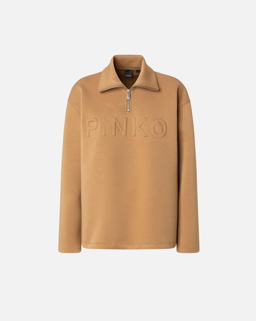 High-neck sweatshirt with zip and embroidered logo bronzo  e  caldo