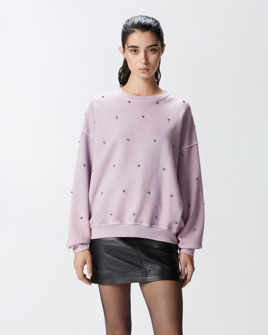 Felpa in cotone con mini ricamo gioiello lavanda grigio