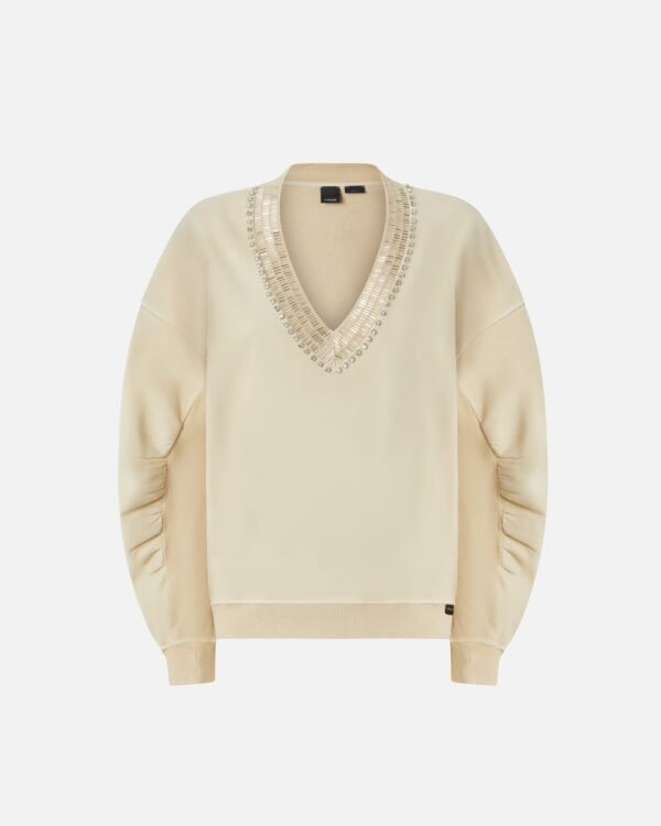 Felpa oversize con scollo ricamato shiny beige nebbia