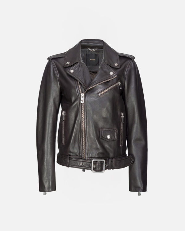 Soft nappa leather biker jacket marrone oltre buio