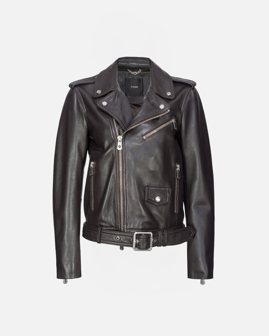 Soft nappa leather biker jacket marrone oltre buio