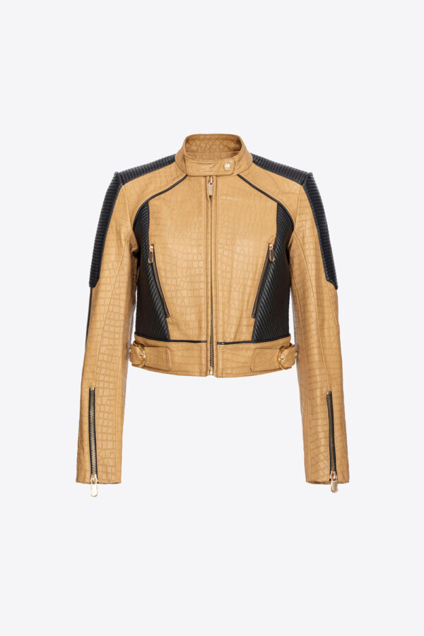 Giacca biker pelle stampa cocco cammello e nero