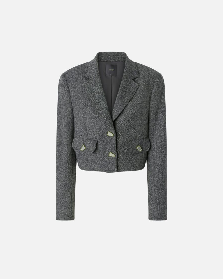 Giacca corta con bottoni geometrici a specchio nero e bianco