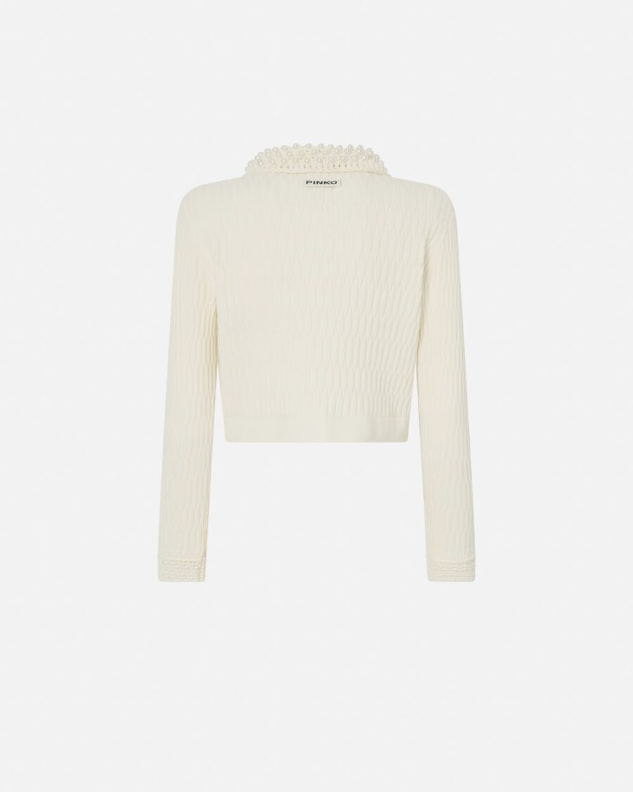 Giacca corta in maglia con colletto crochet con perle - immagine 2