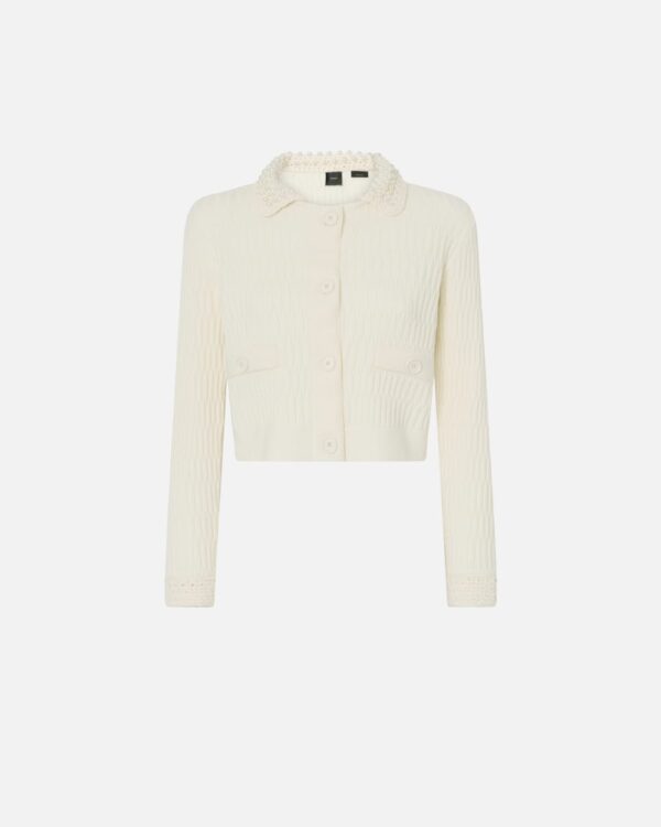 Giacca corta in maglia con colletto crochet con perle bianco meringa