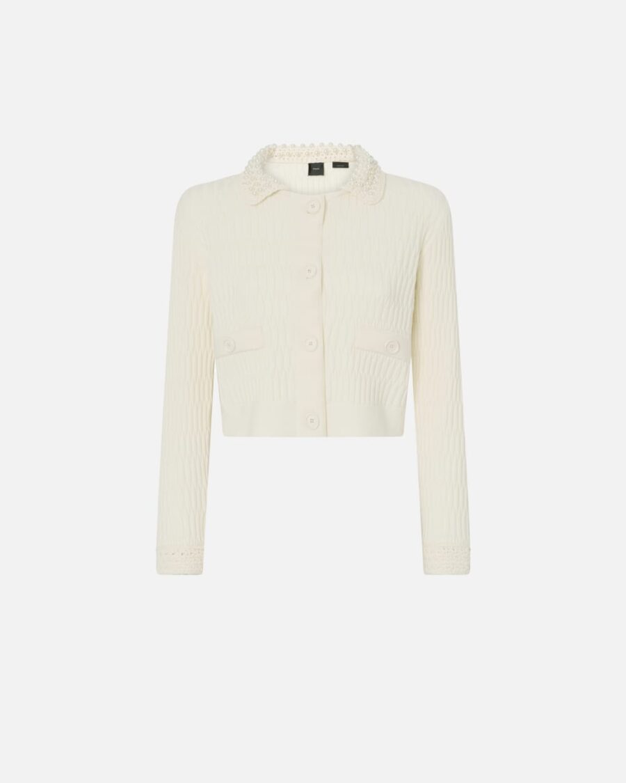 Giacca corta in maglia con colletto crochet con perle bianco meringa
