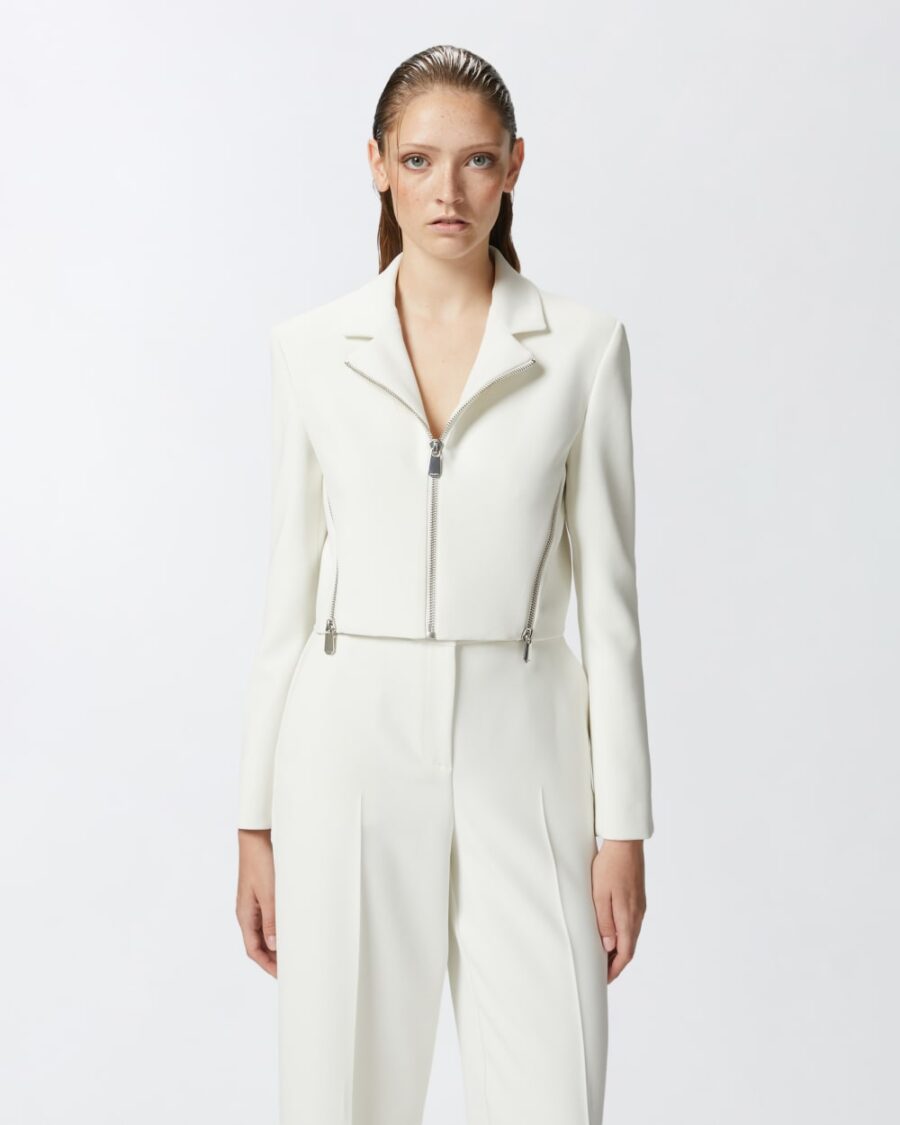 Giacca corta in tessuto crêpe con zip bianco giglio