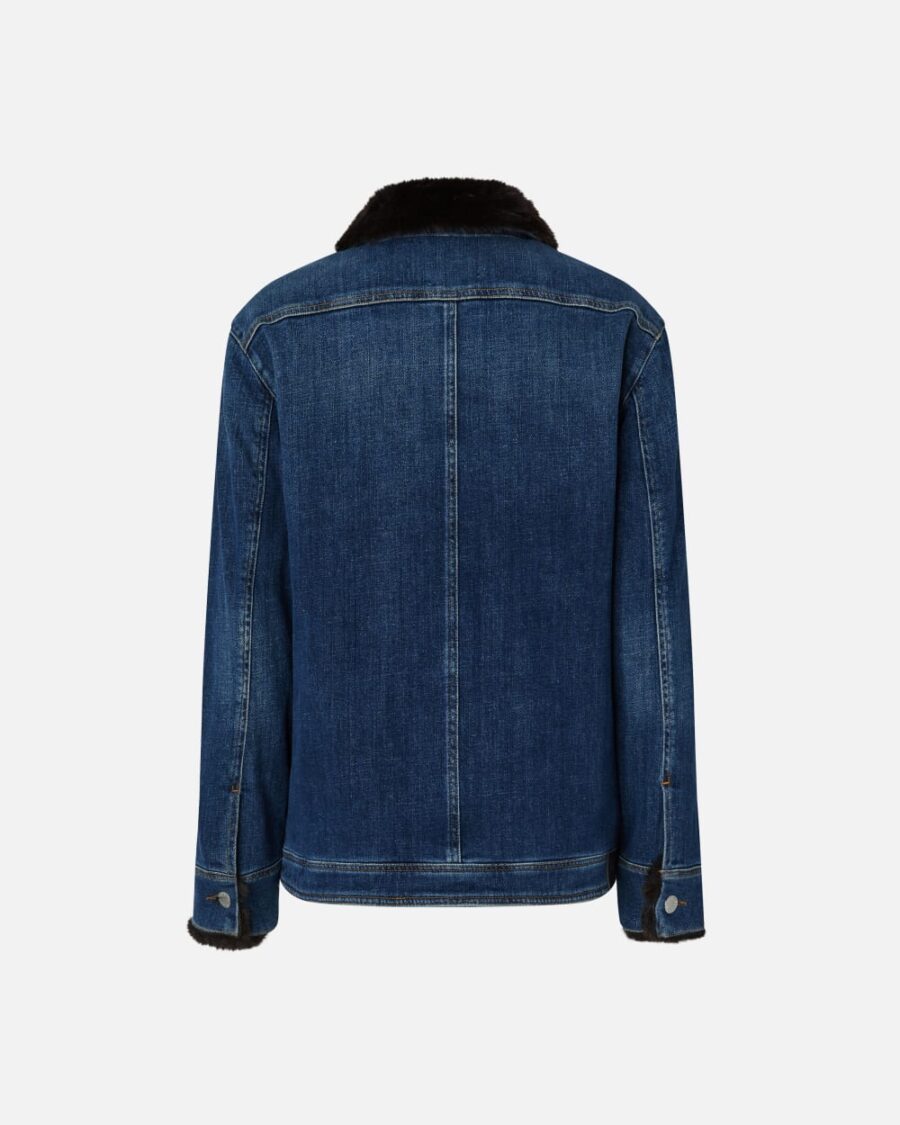 Giacca overshirt in denim blu con colletto effetto pelliccia - immagine 2
