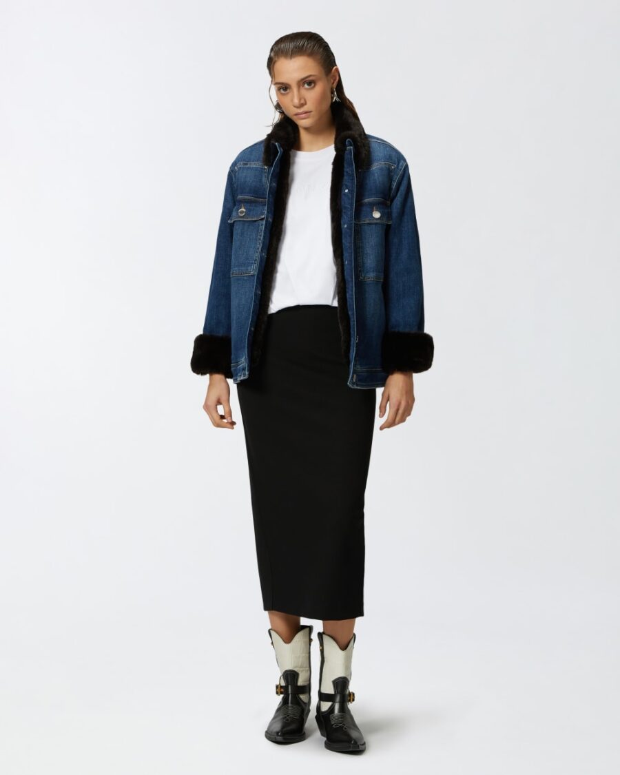 Giacca overshirt in denim blu con colletto effetto pelliccia lavaggio vintage medio scuro