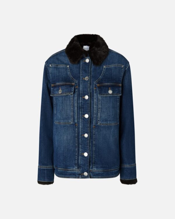 Giacca overshirt in denim blu con colletto effetto pelliccia lavaggio vintage medio scuro