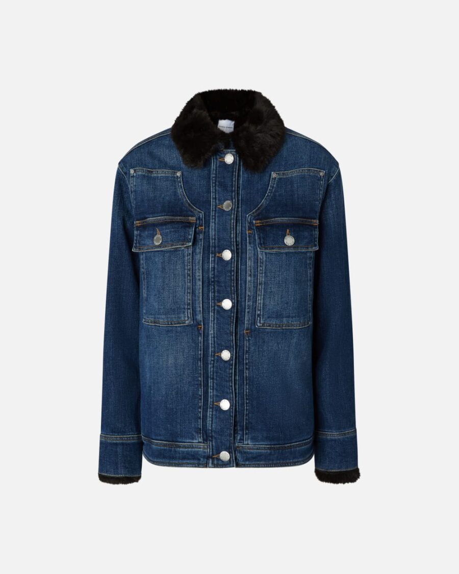 Giacca overshirt in denim blu con colletto effetto pelliccia lavaggio vintage medio scuro