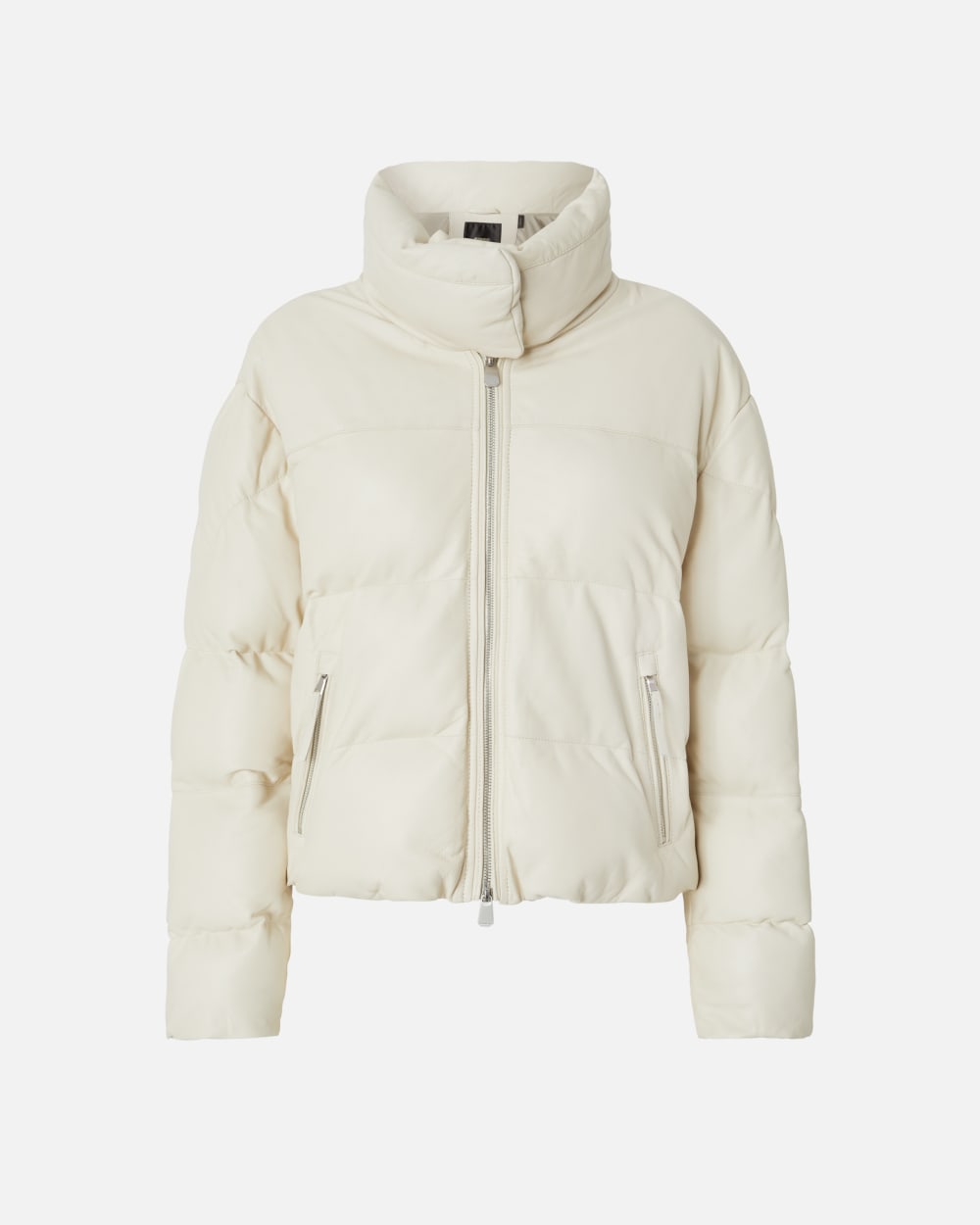 Giubbino imbottito corto in pelle collo alto grigio fodera d'argen.